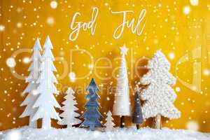 Christmas Trees, Snowflakes, Yellow Background, God Jul Means Merry Christmas