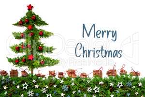 Christmas Tree, Red Balls, Fir Branch, Text Merry Christmas