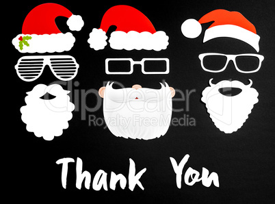 Three Santa Claus Paper Mask, Black Background, Text Thank You