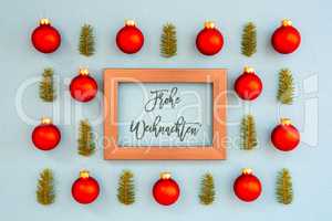Christmas Texture, Ball, Branch, Frame, Frohe Weihnachten Means Merry Christmas