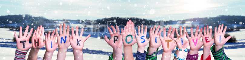 Children Hands Building Word Think Positive, Snowy Winter Background