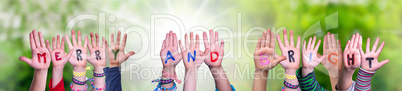 Children Hands Building Word Merry And Bright, Grass Meadow