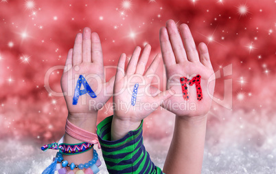 Children Hands Building Word Aim, Red Christmas Background