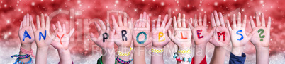 Children Hands Building Word Any Problems, Red Christmas Background