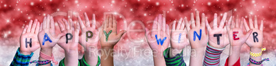 Children Hands Building Word Happy Winter, Red Christmas Background