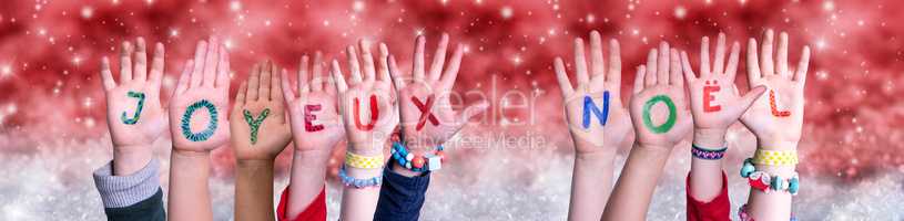 Children Hands Joyeux Noel Means Merry Christmas, Red Christmas Background