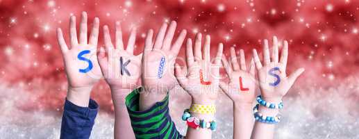 Children Hands Building Word Skills, Red Christmas Background