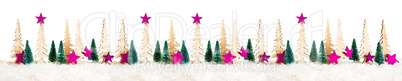 Christmas Tree Banner, Pink Star Decoration, Snow, White Isolated Background