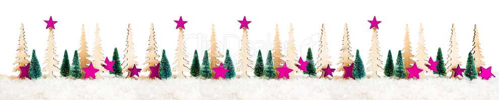 Christmas Tree Banner, Pink Star Decoration, Snow, White Isolated Background