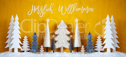 Banner, Christmas Trees, Snow, Yellow Background, Willkommen Means Welcome