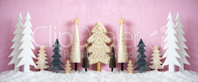Banner, Christmas Trees, Snow, Pink Grungy Background