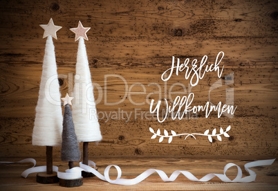 White Christmas Tree, Wooden Background, Willkommen Means Welcome