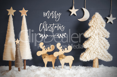 Christmas Tree, Moose, Moon, Stars, Snow, Text Merry Christmas