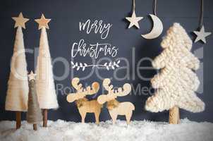 Christmas Tree, Moose, Moon, Stars, Snow, Text Merry Christmas