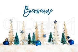 Christmas Tree, Snow, Blue Star, Ball, Bienvenue Means Welcome, White Background