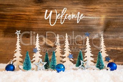 Christmas Tree, Snow, Blue Star, Ball, Text Welcome, Wooden Background