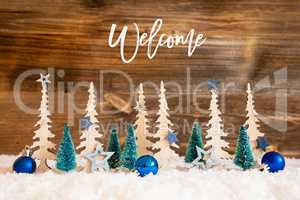Christmas Tree, Snow, Blue Star, Ball, Text Welcome, Wooden Background