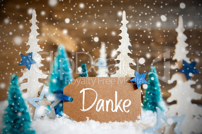 Christmas Trees, Snowflakes, Wooden Background, Label, Danke Means Thank You