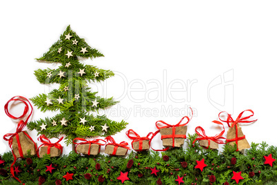 Christmas Tree, Fir Branch, Gifts, Red And Silver Stars, Copy Space