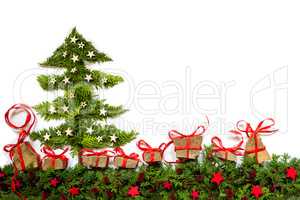 Christmas Tree, Fir Branch, Gifts, Red And Silver Stars, Copy Space