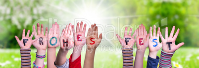 Children Hands Building Word Frohes Fest Means Merry Christmas, Grass Meadow