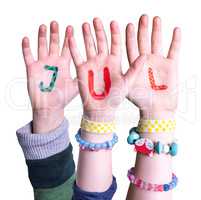 Children Hands Building Word Jul Means Christmas, Isolated Background