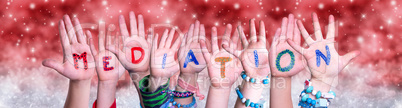 Children Hands Building Word Mediation, Red Christmas Background