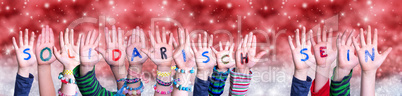 Children Hands Solidarisch Sein Means Solidarity, Red Christmas Background