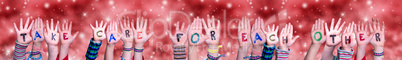 Children Hands Building Word Take Care For Each Other, Red Christmas Background