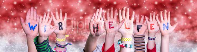 Children Hands Wir Helfen Means We Help, Red Christmas Background