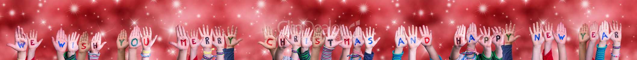 Children Hands, Wish You A Merry Christmas, Happy New Year, Red Background