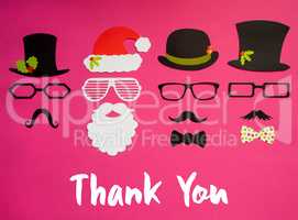 Santa Claus, Set Of Mask, Hat, Mustache, Pink Background, Thank You