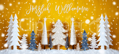 Banner, Christmas Trees, Snowflakes, Yellow Background, Happy Weekend