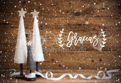 White Christmas Tree, Wooden Background, Gracias Means Thanks You, Snowflakes