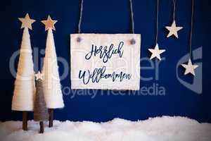 Christmas Tree, Blue Background, Snow, Willkommen Means Welcome