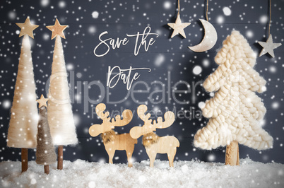 Christmas Tree, Moose, Moon, Stars, Snow, Text Save The Date, Snowflakes
