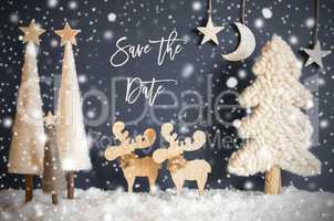 Christmas Tree, Moose, Moon, Stars, Snow, Text Save The Date, Snowflakes