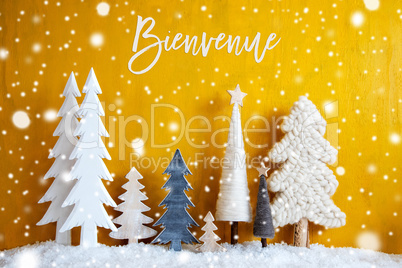 Christmas Trees, Snowflakes, Yellow Background, Bienvenue Means Welcome