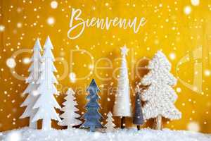 Christmas Trees, Snowflakes, Yellow Background, Bienvenue Means Welcome