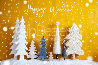 Christmas Trees, Snowflakes, Yellow Background, Happy Weekend