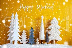 Christmas Trees, Snowflakes, Yellow Background, Happy Weekend