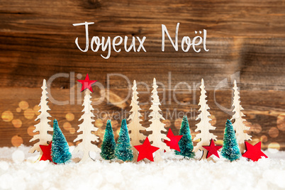 Tree, Snow, Red Star, Joyeux Noel Means Merry Christmas, Wooden Background