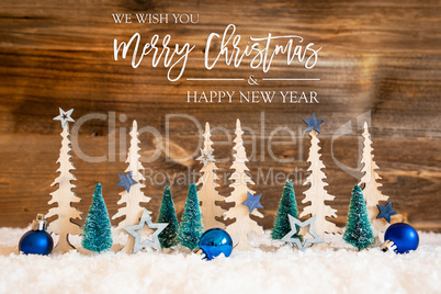 Tree, Snow, Blue Star, Merry Christmas And Happy New Year, Wooden Background