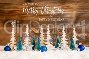 Tree, Snow, Blue Star, Merry Christmas And Happy New Year, Wooden Background