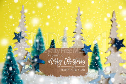 Trees, Snowflakes, Yellow Background, Label, Merry Christmas And Happy New Year