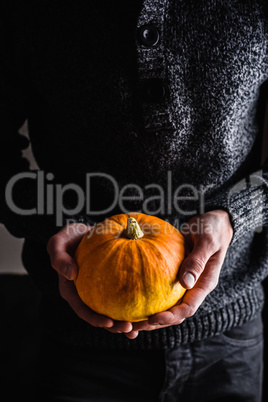 Man holding small pumpkin in hands