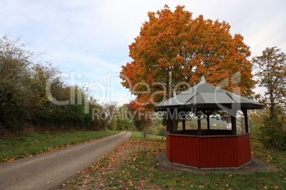Autumn landscape with a gazebo by the road
