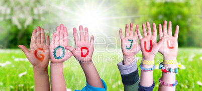 Children Hands Building Word God Jul Means Merry Christmas, Grass Meadow