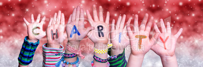 Children Hands Building Word Charity, Red Christmas Background