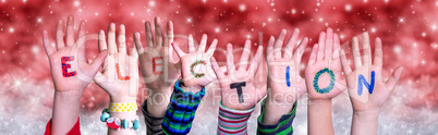Children Hands Building Word Election, Red Christmas Background